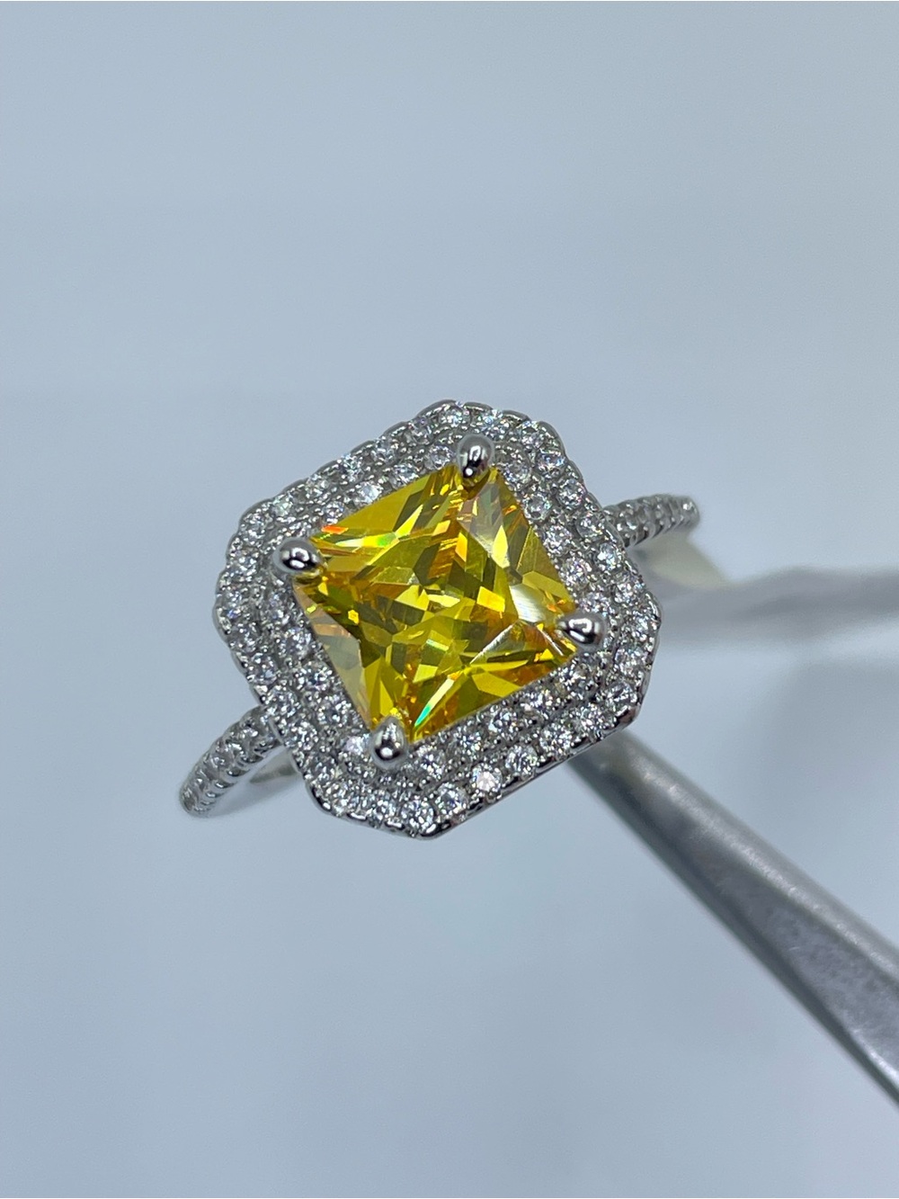 Swarovski Crystal Elements Canary Yellow Double Halo Art Deco Ring Sz 7